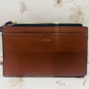 Lodis Pebbled Leather Zip Card Wallet in Brown and Black
